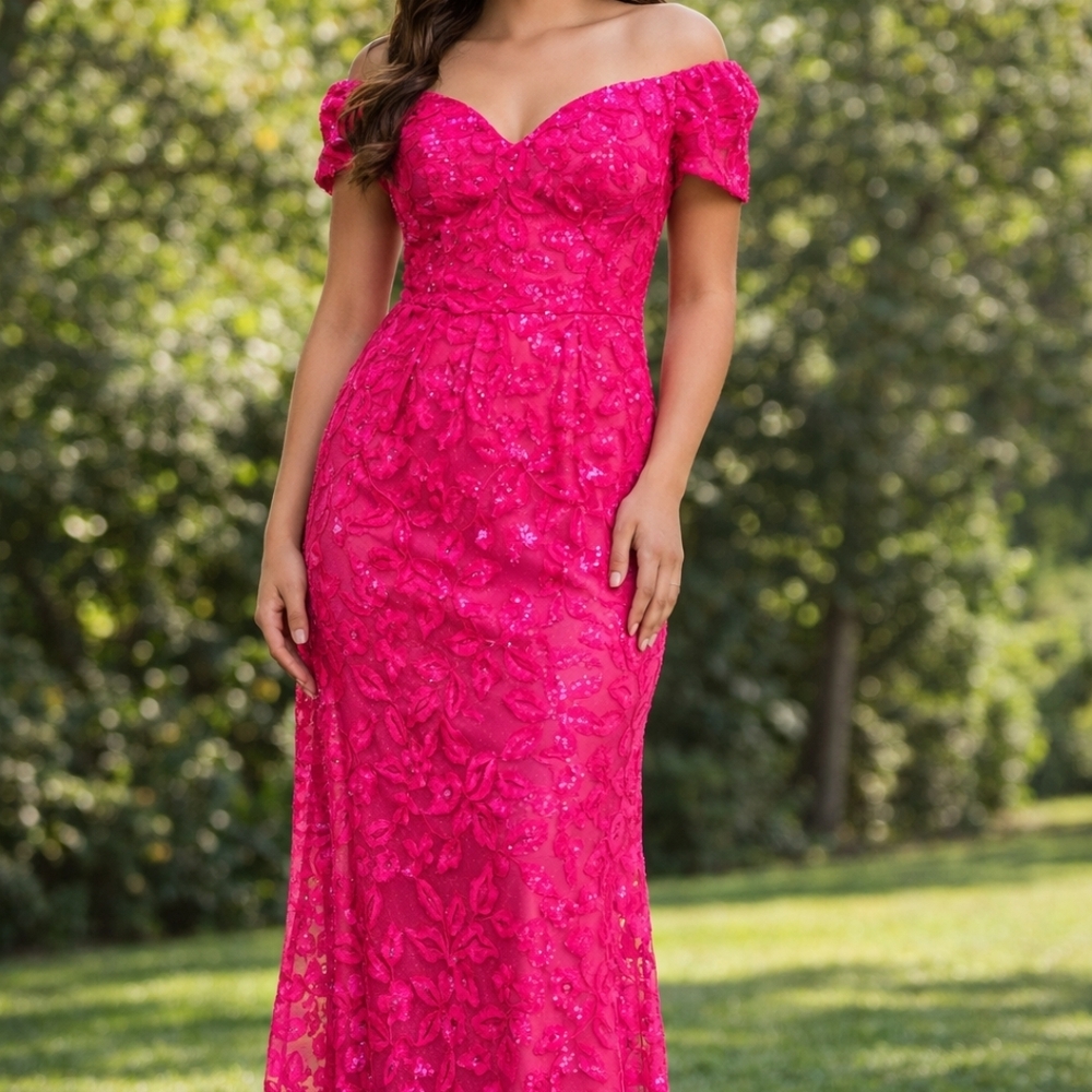 Stunning Fuchsia Lace Off-Shoulder Gown
